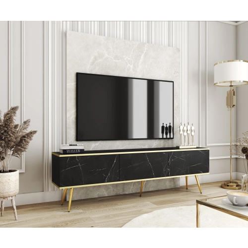 Szafka RTV Marmur Black Royal - Złota 175 cm Noga Czarna - Złota