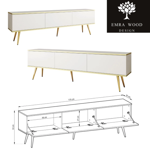 Szafka RTV Biało - Złota  175 cm Noga Czarna - Złota