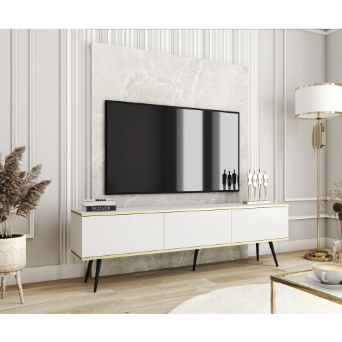 Szafka RTV Biało - Złota  175 cm Noga Czarna - Złota