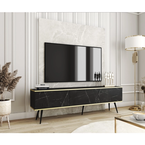 Szafka RTV Marmur Black Royal - Złota 175 cm Noga Czarna - Złota