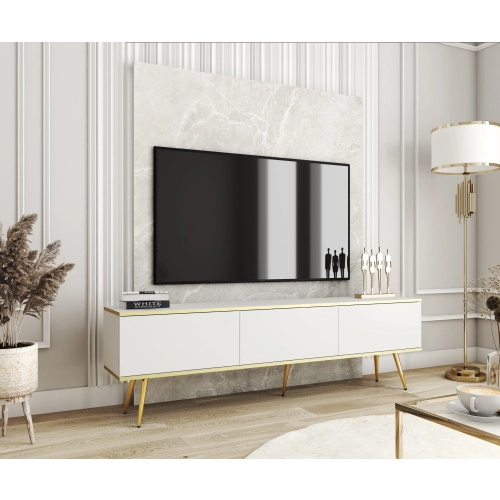 Szafka RTV Biało - Złota  175 cm Noga Czarna - Złota