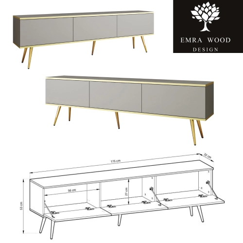 Szafka RTV Szaro - Złota  175 cm Noga Czarna - Złota