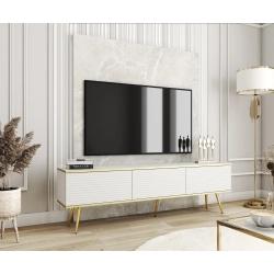 Szafka RTV Biało - Złota 175 cm Noga Czarna - Złota MDF