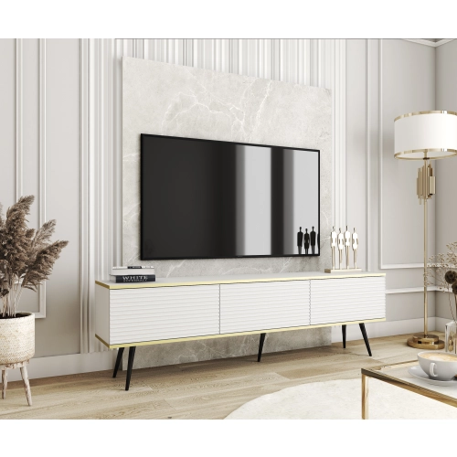 Szafka RTV Biało - Złota 175 cm Noga Czarna - Złota MDF