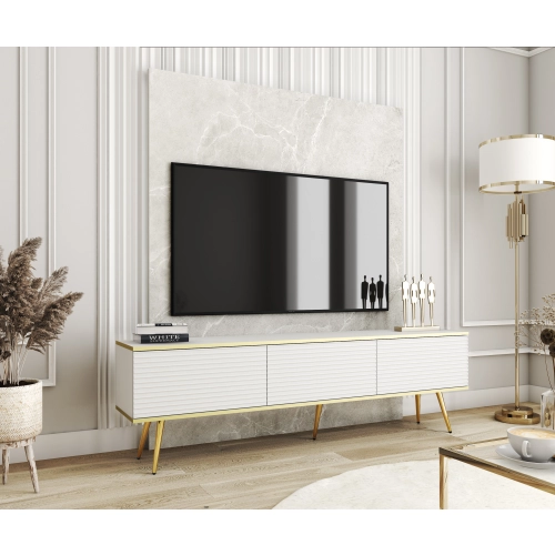 Szafka RTV Biało - Złota 175 cm Noga Czarna - Złota MDF