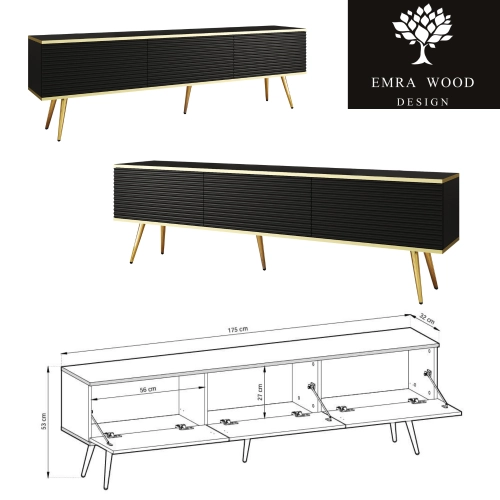 Szafka RTV Czarno - Złota 175 cm Noga Czarna - Złota MDF