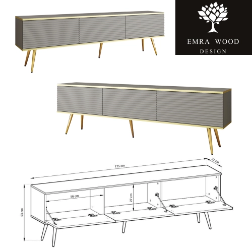 Szafka RTV Szaro - Złota 175 cm Noga Czarna - Złota MDF