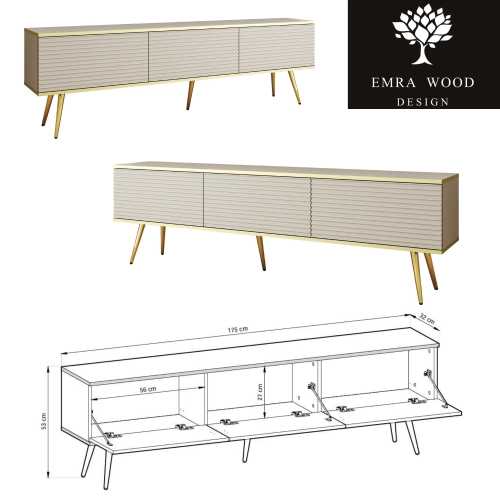 Szafka RTV Beżowo - Złota 175 cm Noga Złota MDF