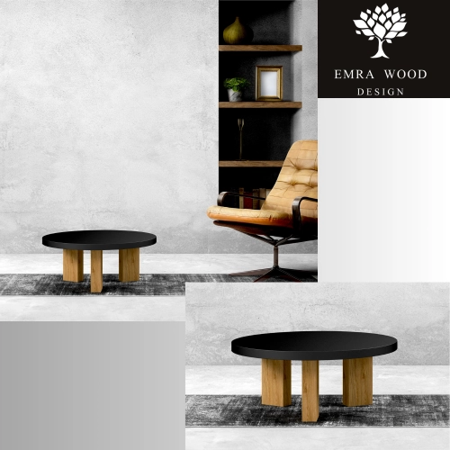 STOLIK KAWOWY z Drewna Litego Dębowego Blat Czarny Płyta MDF  STK-933