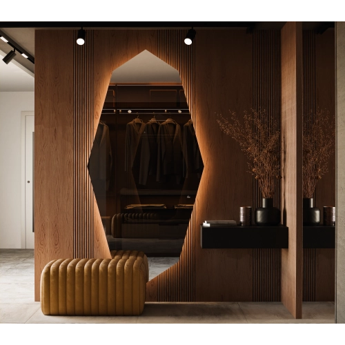 Lustro PRISMÉ LED nowoczesne pryzmatyczne nieregularne z podświetleniem do salonu