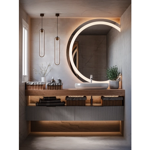 Lustro PIPPI LED — okrągłe z organicznie ściętym bokiem i subtelnym podświetleniem