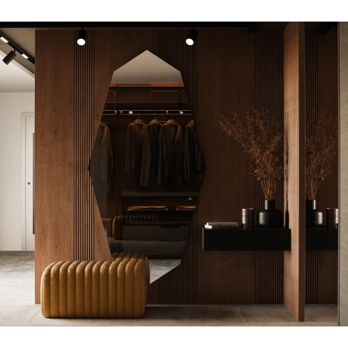 Lustro PRISMÉ – eleganckie lustro o ostrym, organicznym kształcie w pryzmatycznej formie i szlachetnej linii