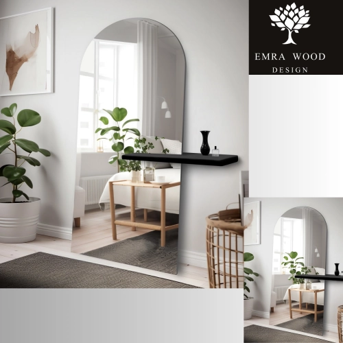 Nowoczesne stojące lustro półowalne z półką - FRANK SHELF