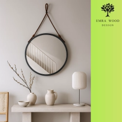 Lustro okrągłe w czarnej matowej ramie na brązowym skórzanym pasku - OTTO PASEK BRĄZ - kolor ramy do wyboru