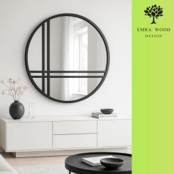 Lustro SHANTI LINEA – okrągłe loftowe ze szprosami w czarnej matowej ramie MDF, styl industrialny