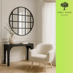 Lustro MANHATTAN  – designerskie okrągłe lustro loftowe ze szprosami w czarnej ramie, idealne do salonu, sypialni i biura