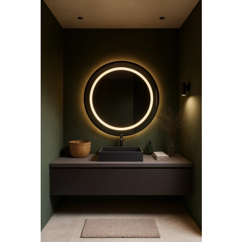 Lustro okrągłe w czarnej matowej ramie mdf z piaskowanym podświetleniem - LAURA LED - kolor ramy do wyboru