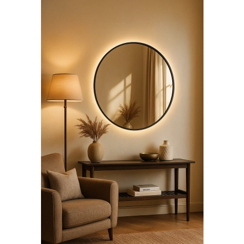 Lustro okrągłe w czarnej ramie MDF SLIM z podświetleniem - OTYLIA LED - kolor ramy do wyboru