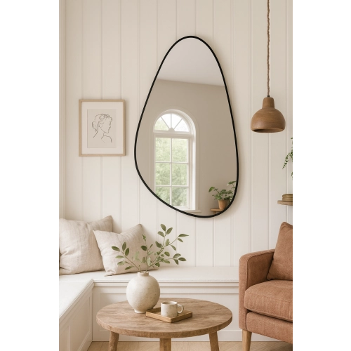 Lustro ORGANIC DROP – lustro o nieregularnym kształcie w czarnej ramie | Designerskie lustro organiczne do przedpokoju, salonu i sypialni