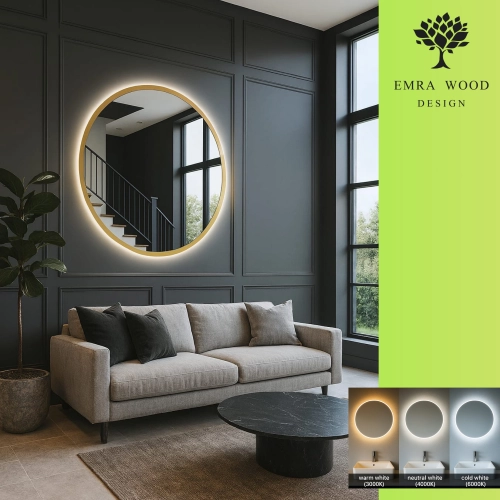 Lustro MONACO GLOW – okrągłe lustro LED złota rama z podświetleniem | Nowoczesne lustro dekoracyjne do salonu, sypialni i przedpokoju