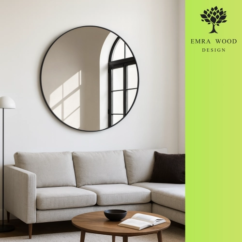 Lustro HALO BLACK – Okrągłe Lustro w Czarnej Ramie MDF SLIM do Salonu, Przedpokoju i Sypialni, Nowoczesne Lustro Dekoracyjne