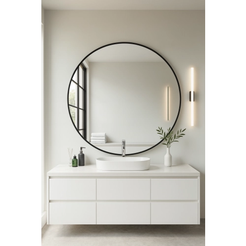 Lustro HALO BLACK – Okrągłe Lustro w Czarnej Ramie MDF SLIM do Salonu, Przedpokoju i Sypialni, Nowoczesne Lustro Dekoracyjne