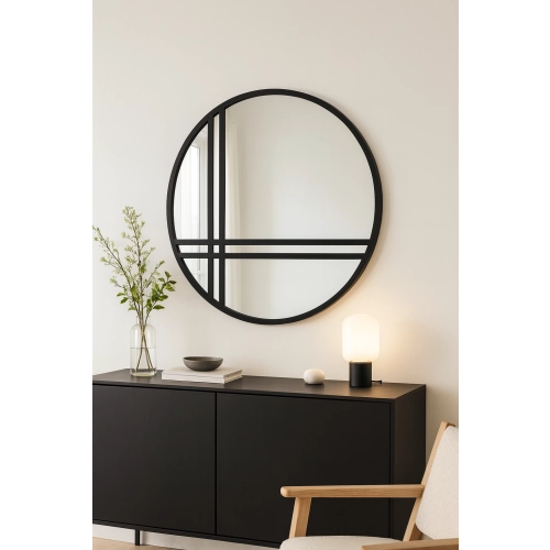 Lustro SHANTI LINEA – okrągłe loftowe ze szprosami w czarnej matowej ramie MDF, styl industrialny