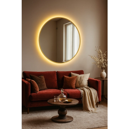 Lustro okrągłe w złotej ramie MDF SLIM z podświetleniem - OTYLIA LED - kolor ramy do wyboru