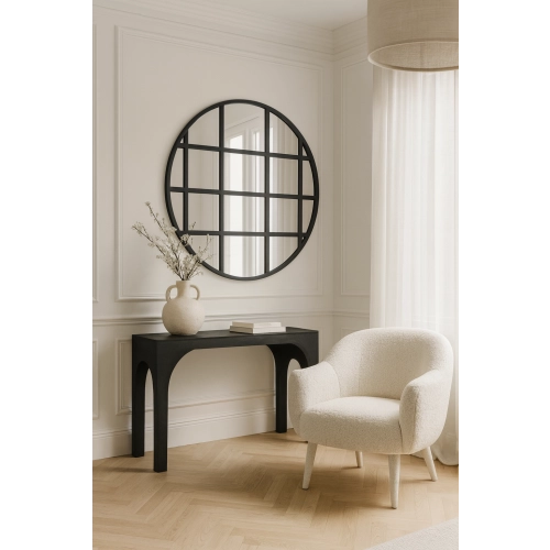 Lustro MANHATTAN  – designerskie okrągłe lustro loftowe ze szprosami w czarnej ramie, idealne do salonu, sypialni i biura