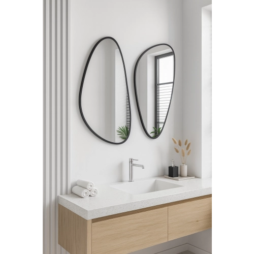 Lustra RIVER FLOW – zestaw 2 nieregularnych luster łazienkowych w czarnej ramie, nowoczesny design do łazienki lub przedpokoju