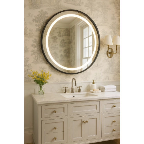 Lustro okrągłe w czarnej matowej ramie mdf z piaskowanym podświetleniem - LAURA LED - kolor ramy do wyboru