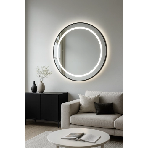 Lustro okrągłe w czarnej matowej ramie mdf z piaskowanym podświetleniem - LAURA LED - kolor ramy do wyboru