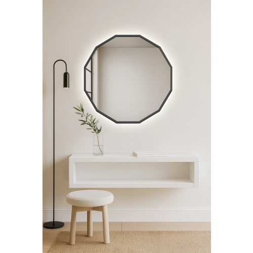 Lustro NÉROLI – nowoczesne lustro wielokątne LED z podświetleniem w czarnej ramie MDF | designerskie lustro dekoracyjne do salonu, sypialni, łazienki,
