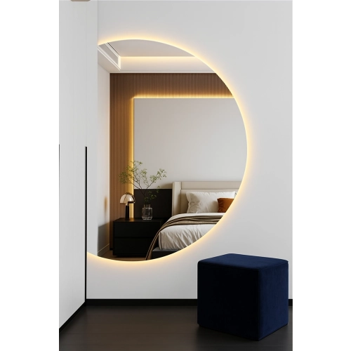 Lustro AMOUR LED – okrągłe lustro łazienkowe ze ściętym bokiem i podświetleniem | nowoczesny design