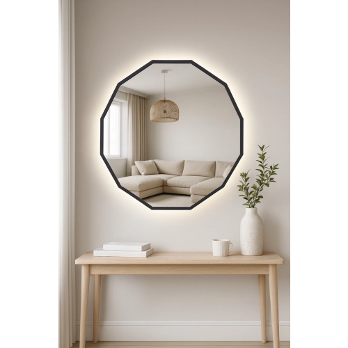 Lustro NÉROLI – nowoczesne lustro wielokątne LED z podświetleniem w czarnej ramie MDF | designerskie lustro dekoracyjne do salonu, sypialni, łazienki,