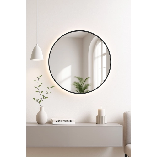 Lustro okrągłe w czarnej ramie MDF SLIM z podświetleniem - OTYLIA LED - kolor ramy do wyboru