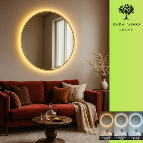 Lustro okrągłe w złotej ramie MDF SLIM z podświetleniem - OTYLIA LED - kolor ramy do wyboru