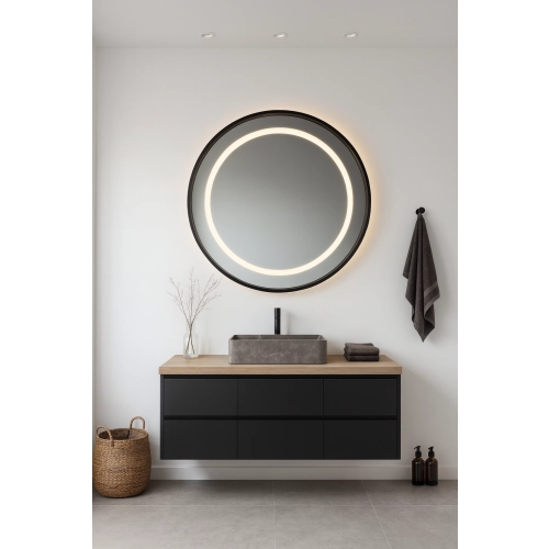 Lustro okrągłe w czarnej matowej ramie mdf z piaskowanym podświetleniem - LAURA LED - kolor ramy do wyboru