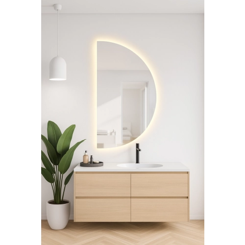 Lustro PENELOPE LED – półokrągłe lustro z podświetleniem LED na wymiar do łazienki, przedpokoju i salonu