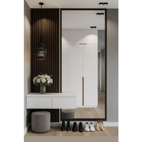 Nowoczesne duże lustro w drewnianej ramie z wycięciem na szafkę