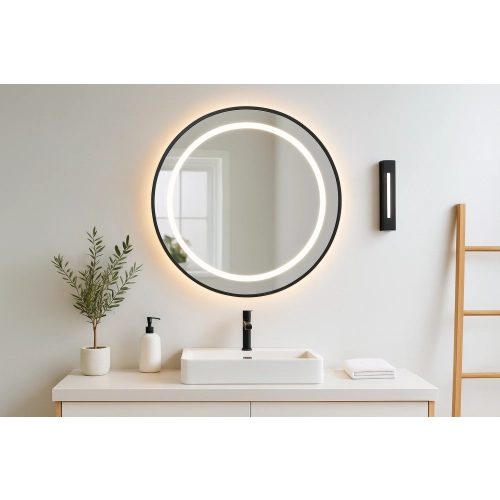 Lustro okrągłe w czarnej matowej ramie mdf z piaskowanym podświetleniem - LAURA LED - kolor ramy do wyboru