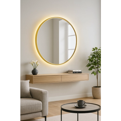 Lustro okrągłe w złotej ramie MDF SLIM z podświetleniem - OTYLIA LED - kolor ramy do wyboru