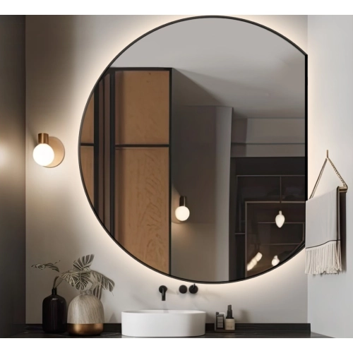 Lustro okrągłe w czarnej matowej ramie MDF z podświetleniem - OTTO LED ŚCIETY BOK