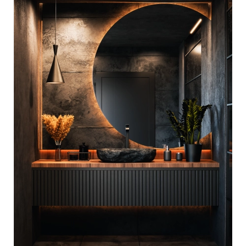 Lustro AMOUR LED – okrągłe lustro łazienkowe ze ściętym bokiem i podświetleniem | nowoczesny design