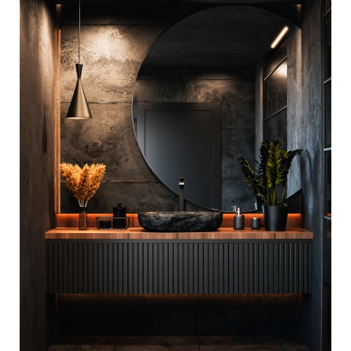 Lustro AMOUR – nowoczesne okrągłe lustro łazienkowe ze ściętym bokiem | styl minimalistyczny